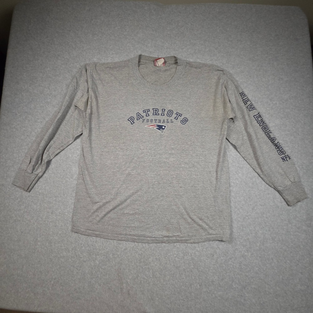 New England Patriots NFL Long Sleeve Shirt Gray Mens L Football Crewneck Vintage